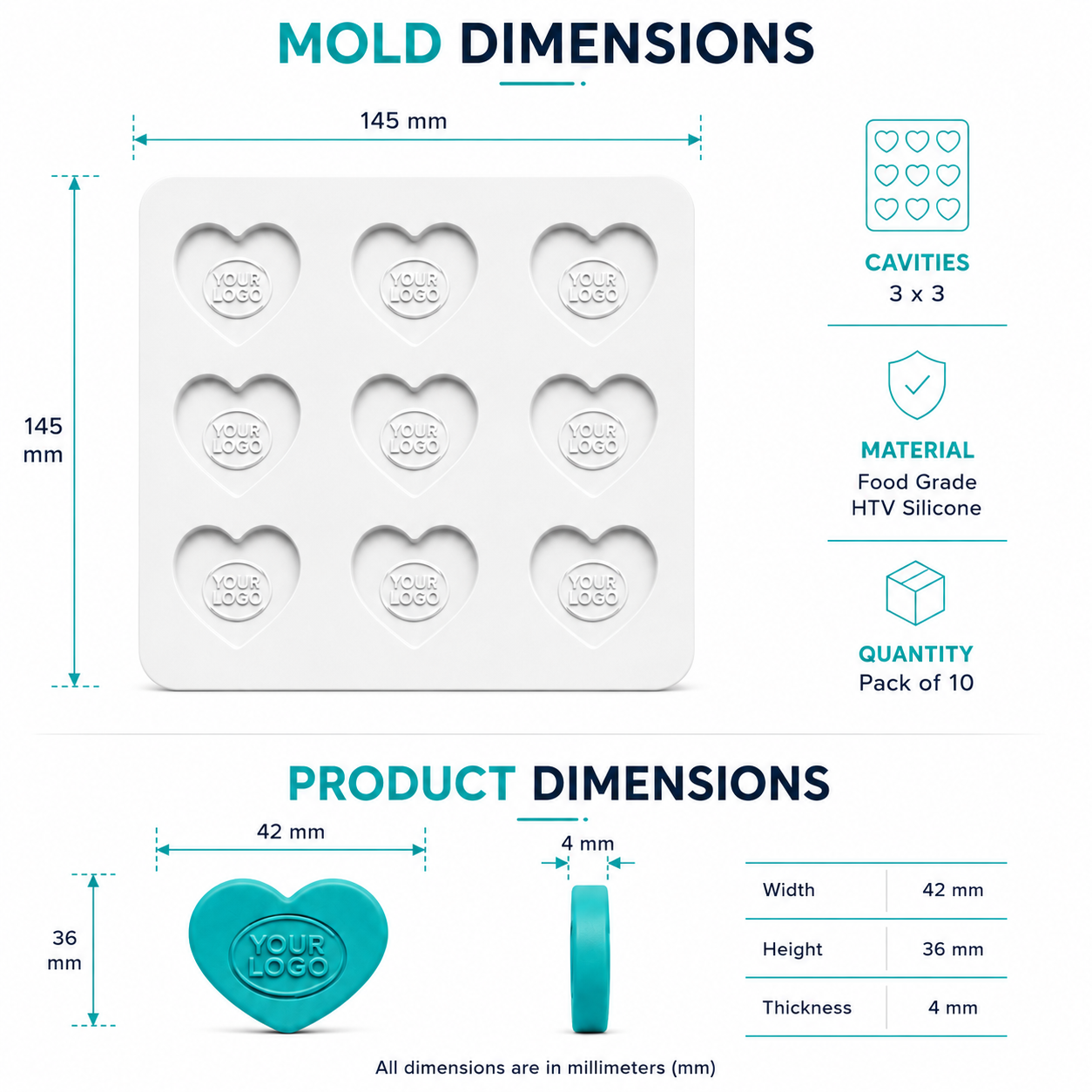 Technical specification sheet for a custom heart silicone mold showing mold dimensions, product dimensions, cavity layout and Food Grade HTV silicone material.