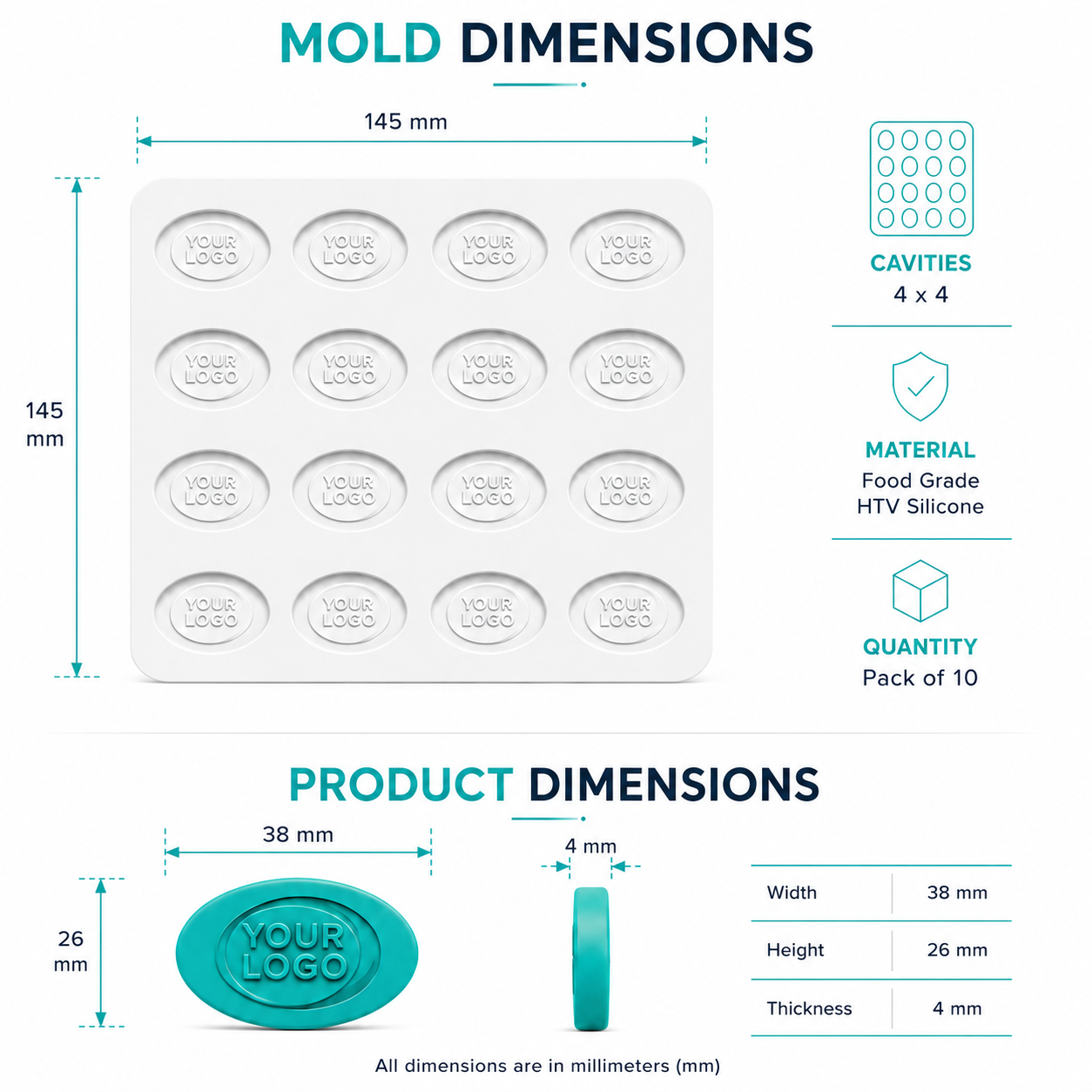 Technical specification sheet for a custom oval silicone mold showing mold dimensions, product dimensions, cavity layout and Food Grade HTV silicone material.