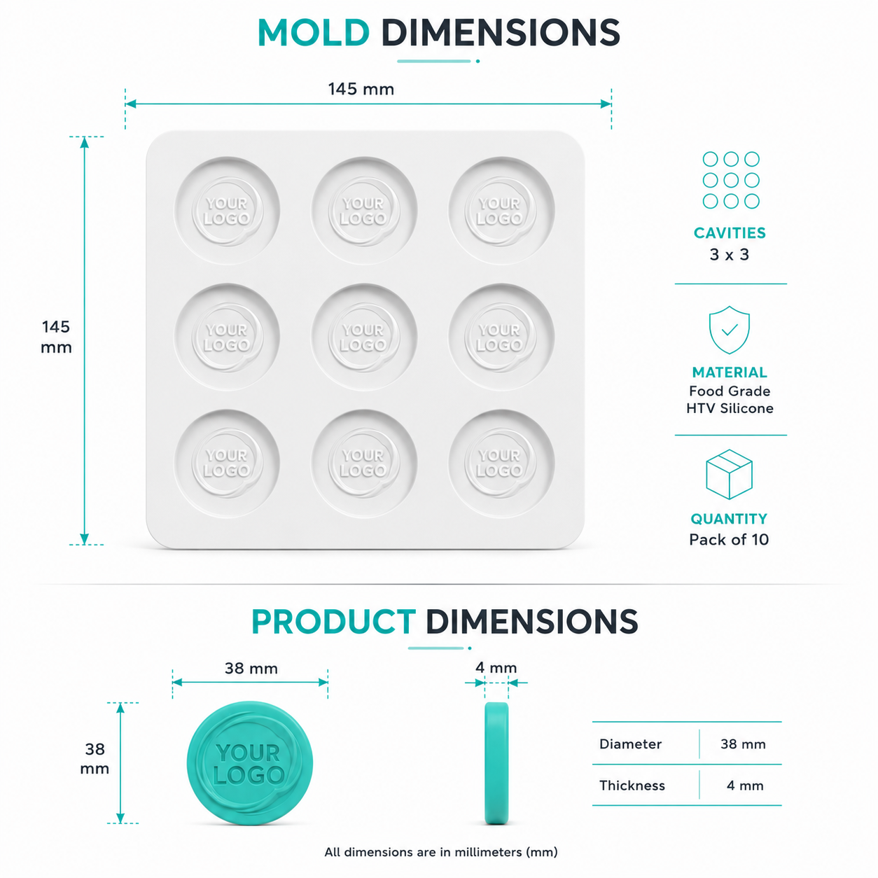 Technical specification sheet for a custom round silicone mold showing mold dimensions, product diameter, cavity layout and Food Grade HTV silicone material.